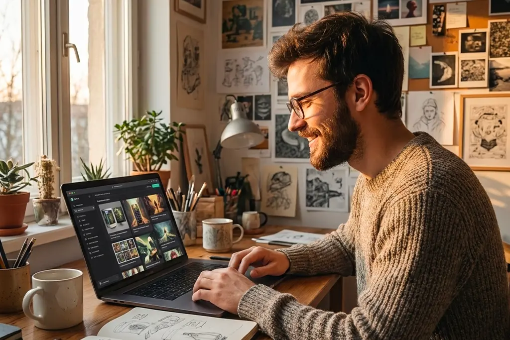 Młody niezależny ilustrator w przytulnym domowym studio, otwarty laptop z interfejsem generowania AI, szkicownik obok klawiatury, artystyczna ściana pokryta wydrukami.