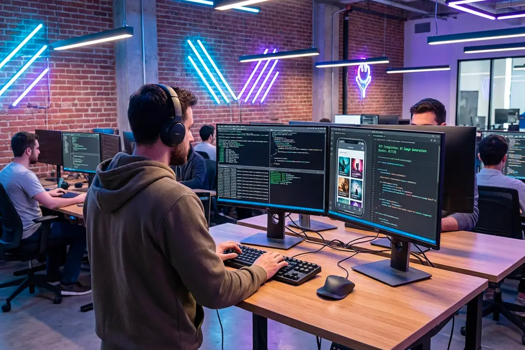 Programista przy biurku standing desk integrujący API obrazów AI w aplikacji mobilnej, wiele okien terminala, czysty kod na ekranach, nowoczesne biuro technologiczne.