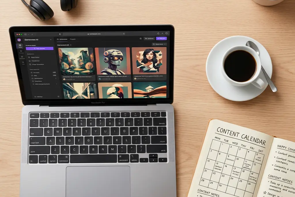 Flat-lay workspace twórcy newslettera: laptop pokazujący platformę AI do obrazów, kawa, notatnik z kalendarzem contentu, słuchawki, czysta i produktywna estetyka.